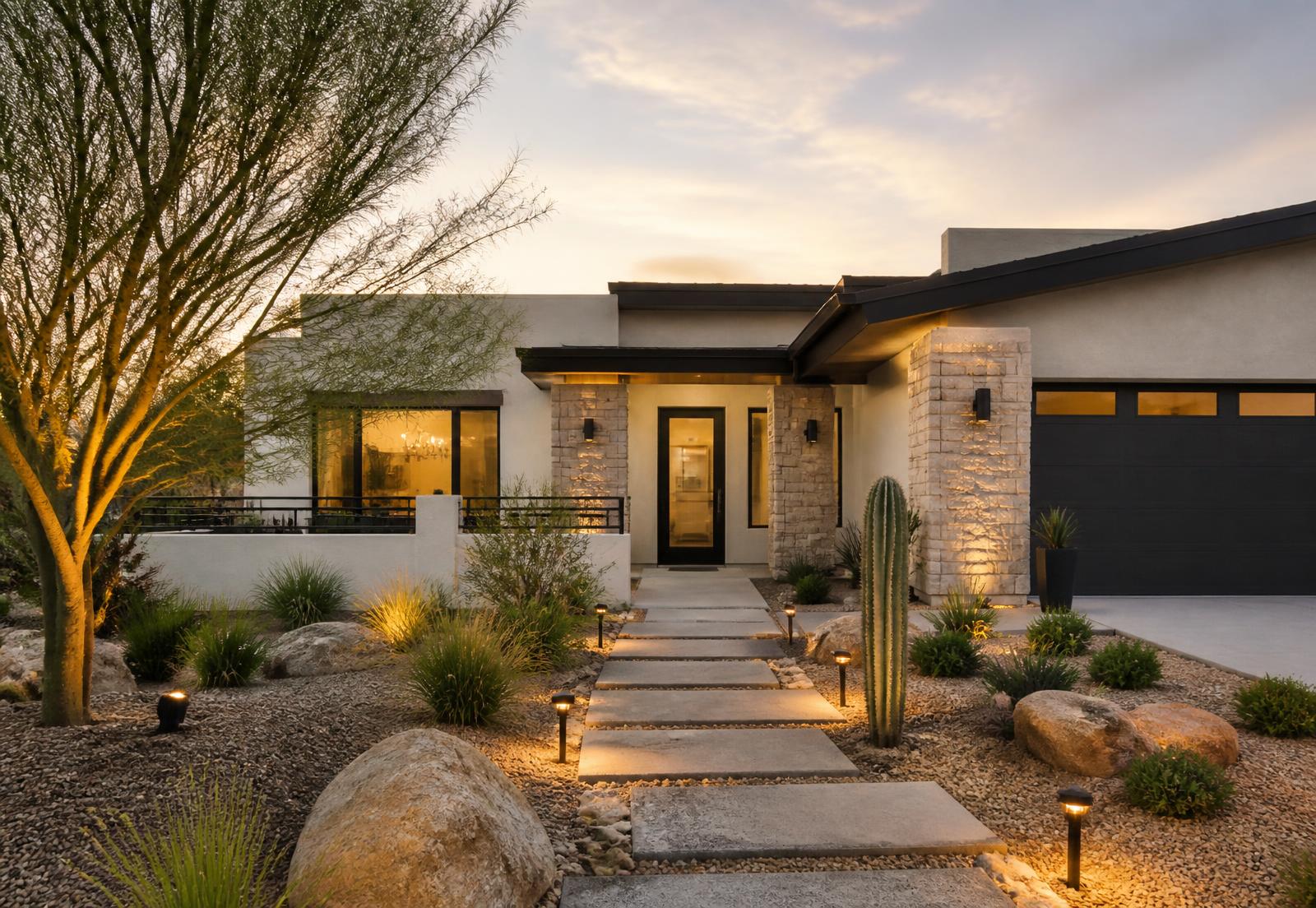 Modern southwestern home at sunset financed through Garibay Financial